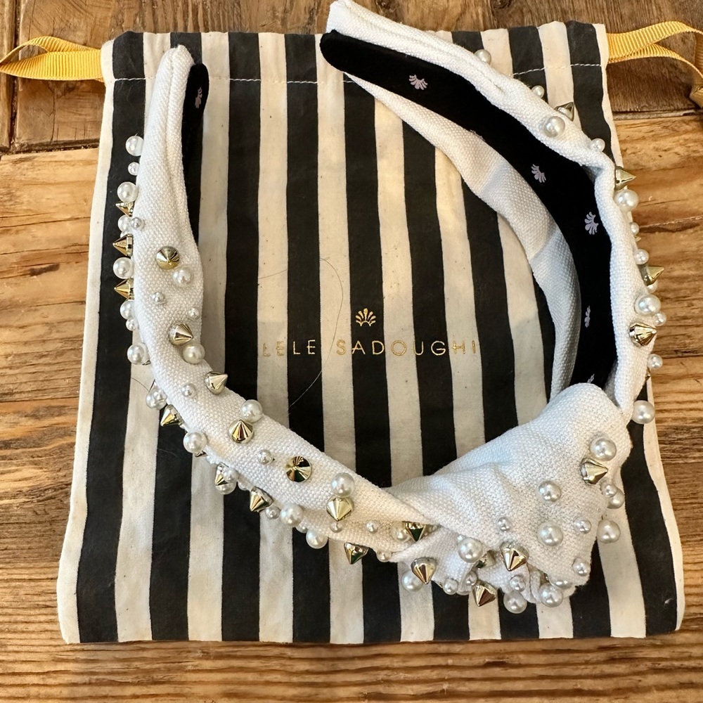RARE Lele Sadoughi White Pearl and Gold Stud Embellished Headband